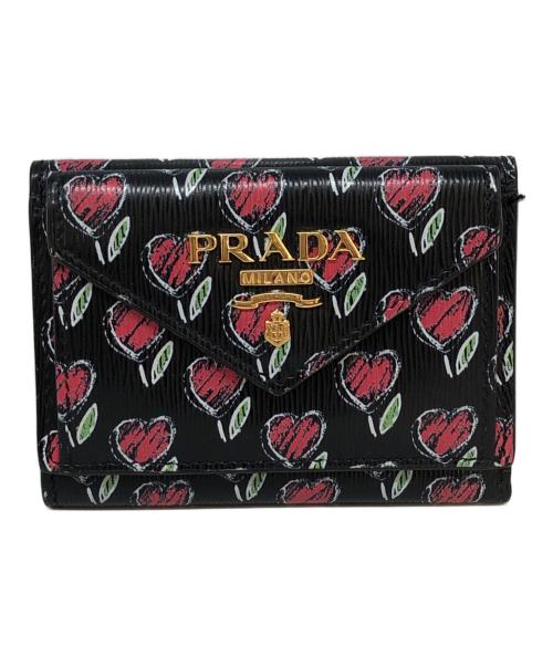 PRADA（プラダ）PRADA (プラダ) 3つ折り財布 ブラック×レッドの古着・服飾アイテム