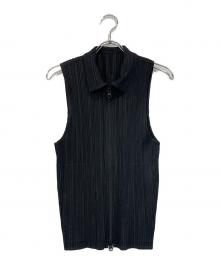 PLEATS PLEASE（プリーツプリーズ）の古着「ジップアップノースリーブプリーツブラウス」｜ブラック