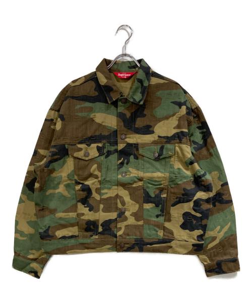 SUPREME（シュプリーム）Supreme (シュプリーム) Jacquard Logos Denim Trucker Jacket グリーン×ブラウン サイズ:SIZE Mの古着・服飾アイテム