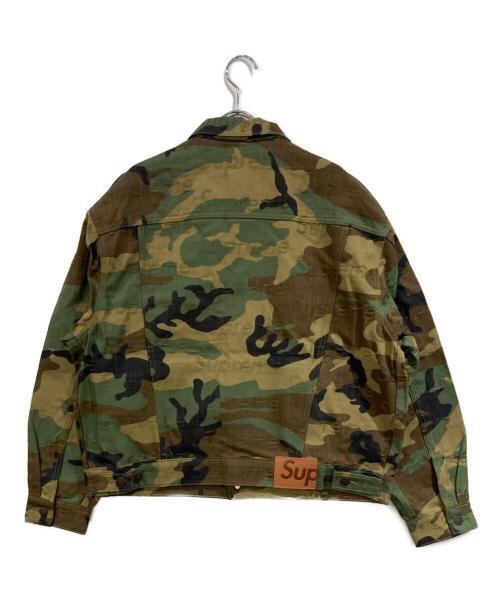 SUPREME（シュプリーム）Supreme (シュプリーム) Jacquard Logos Denim Trucker Jacket グリーン×ブラウン サイズ:SIZE Mの古着・服飾アイテム