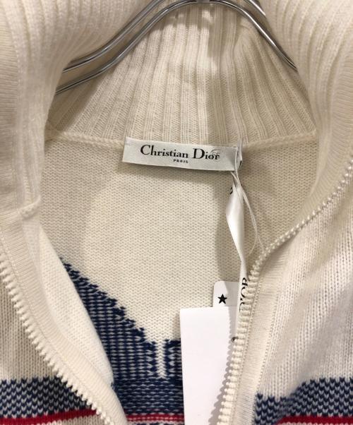 Christian Dior（クリスチャン ディオール）Christian Dior (クリスチャン ディオール) ウールカシミヤジップアップニット ベージュ×ネイビー サイズ:SIZE 34の古着・服飾アイテム