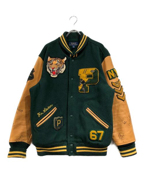 POLO RALPH LAUREN（ポロ・ラルフローレン）POLO RALPH LAUREN (ポロ・ラルフローレン) 50周年記念タイガー刺繍レザースリーブバーシティ ジャケット グリーン×ブラウン サイズ:SIZE Lの古着・服飾アイテム