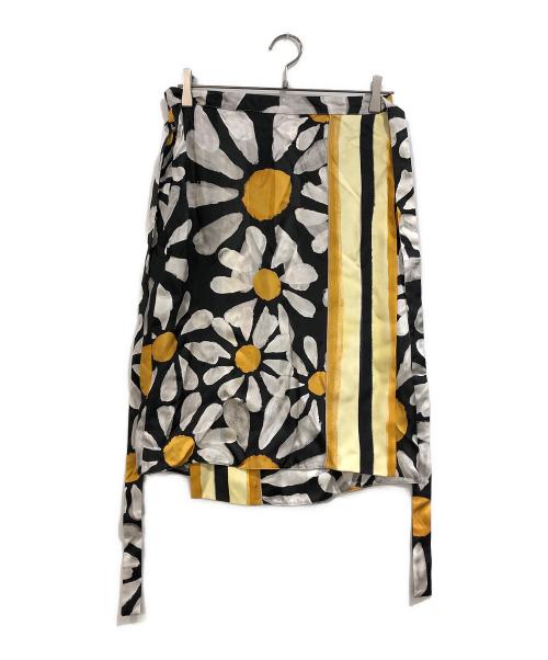 MARNI（マルニ）MARNI (マルニ) 総柄サテンラップスカート ブラック×ホワイト×イエロー サイズ:38の古着・服飾アイテム