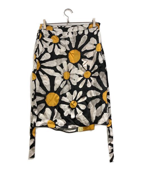 MARNI（マルニ）MARNI (マルニ) 総柄サテンラップスカート ブラック×ホワイト×イエロー サイズ:38の古着・服飾アイテム