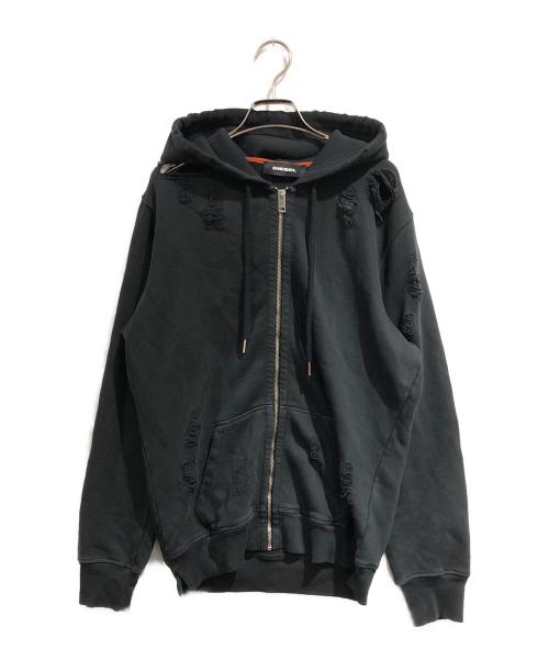 DIESEL（ディーゼル）DIESEL (ディーゼル) ダメージ加工ジップパーカー ブラック サイズ:SIZE Lの古着・服飾アイテム