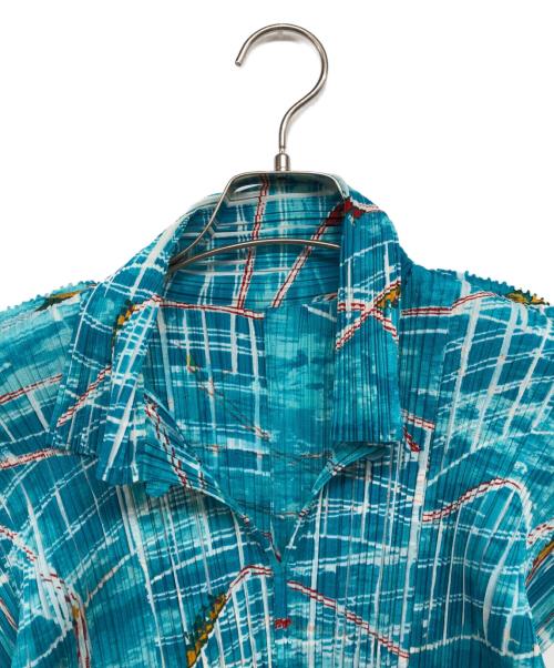 PLEATS PLEASE（プリーツプリーズ）PLEATS PLEASE (プリーツプリーズ) ジェットコースタープリントプリーツブラウス ブルー サイズ:3の古着・服飾アイテム