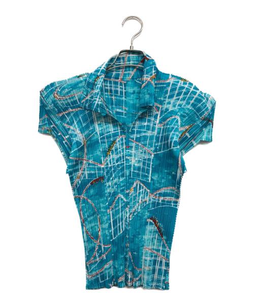 PLEATS PLEASE（プリーツプリーズ）PLEATS PLEASE (プリーツプリーズ) ジェットコースタープリントプリーツブラウス ブルー サイズ:3の古着・服飾アイテム