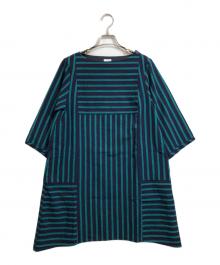 儀右衛門（ギエモン）の古着「リネンストライプワンピース」｜ネイビー×グリーン