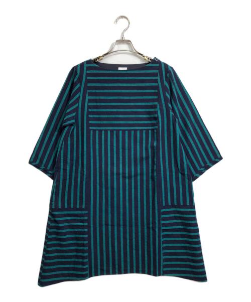 儀右衛門（ギエモン）儀右衛門 (ギエモン) リネンストライプワンピース ネイビー×グリーン サイズ:FREEの古着・服飾アイテム