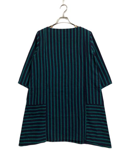 儀右衛門（ギエモン）儀右衛門 (ギエモン) リネンストライプワンピース ネイビー×グリーン サイズ:FREEの古着・服飾アイテム