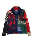 Rugby Ralph Laurenラグビーラルフローレン）の古着「ショールカラーパッチワークカウチンニットカーディガン」｜ネイビー×レッド