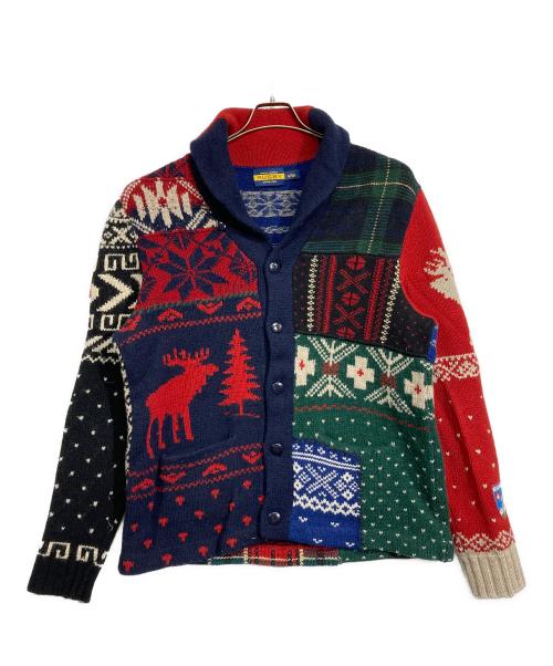Rugby Ralph Lauren（ラグビーラルフローレン）Rugby Ralph Lauren (ラグビーラルフローレン) ショールカラーパッチワークカウチンニットカーディガン ネイビー×レッド サイズ:Lの古着・服飾アイテム