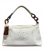 CHANELシャネル）の古着「ウッドチェーンキャビアスキンハンドバッグ」｜アイボリー