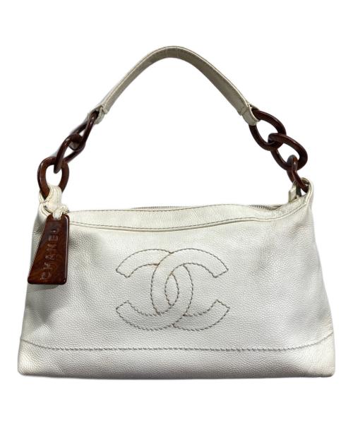 CHANEL（シャネル）CHANEL (シャネル) ウッドチェーンキャビアスキンハンドバッグ アイボリーの古着・服飾アイテム