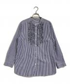 Leilianレリアン）の古着「フリルストライプブラウス」｜ネイビー