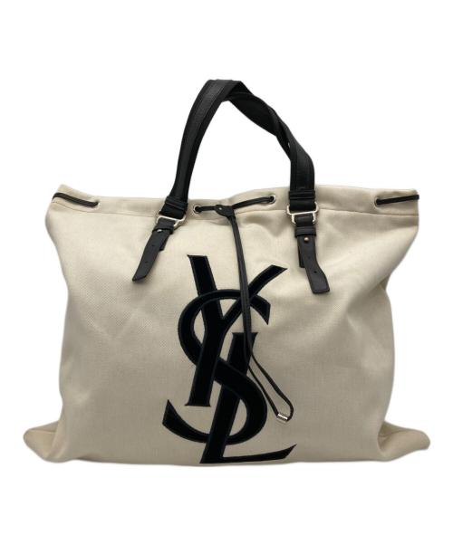 Yves Saint Laurent Rive Gauche（イヴ・サンローラン リヴ・ゴーシュ）Yves Saint Laurent Rive Gauche (イヴ・サンローラン リヴ・ゴーシュ) ベロアロゴキャンバスカハラトートバッグ ホワイト×ブラックの古着・服飾アイテム