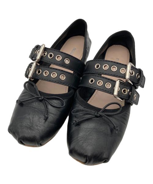 MIU MIU（ミュウミュウ）MIU MIU (ミュウミュウ) ダブルストラップリボンバレエパンプス ブラック サイズ:36の古着・服飾アイテム