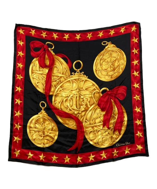Christian Dior（クリスチャン ディオール）Christian Dior (クリスチャン ディオール) メダルプリントシルクスカーフ ブラック×レッドの古着・服飾アイテム