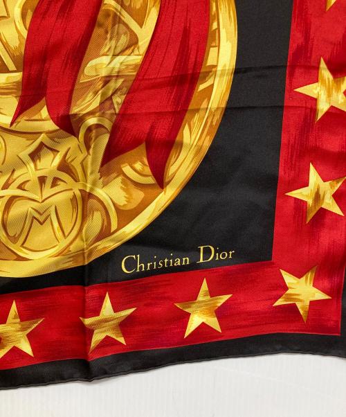 Christian Dior（クリスチャン ディオール）Christian Dior (クリスチャン ディオール) メダルプリントシルクスカーフ ブラック×レッドの古着・服飾アイテム