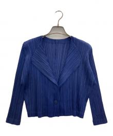 PLEATS PLEASE（プリーツプリーズ）の古着「ノーカラープリーツジャケット」｜ブルー