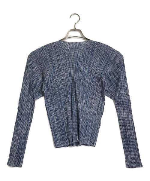 PLEATS PLEASE（プリーツプリーズ）PLEATS PLEASE (プリーツプリーズ) プリントノーカラープリーツブラウス　カーディガン ブルー サイズ:3の古着・服飾アイテム