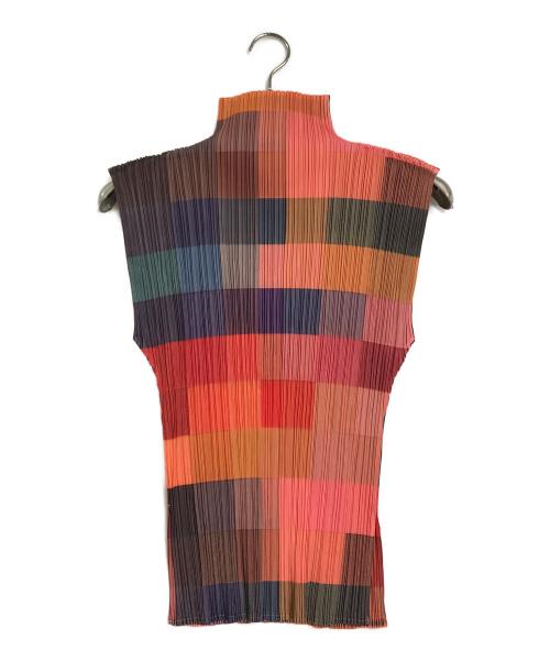 PLEATS PLEASE ISSEY MIYAKE（プリーツプリーズ イッセイミヤケ）PLEATS PLEASE ISSEY MIYAKE チェックハイネックプリーツブラウス カラフルグラデーションモザイク Colorful Gradation Mosaic PP83-JK830 ピンク サイズ:4の古着・服飾アイテム