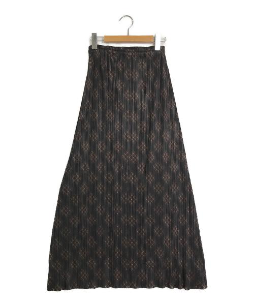 PLEATS PLEASE（プリーツプリーズ）PLEATS PLEASE (プリーツプリーズ) 転写プリントプリーツロングスカート ブラック×ブラウン サイズ:4の古着・服飾アイテム