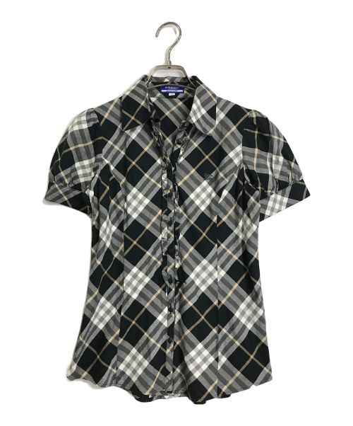 BURBERRY BLUE LABEL（バーバリーロンドンブルーレーベル）BURBERRY BLUE LABEL (バーバリーブルーレーベル) ノヴァチェックシャツ　半袖　S/S フリルシャツ　総柄 ブラック×グレー サイズ:36の古着・服飾アイテム