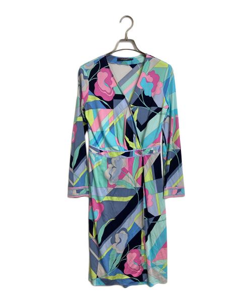 LEONARD FASHION（レオナールファッション）LEONARD FASHION (レオナールファッション) 総柄ミニワンピース　長袖ワンピース　日本製 スカイブルー サイズ:2の古着・服飾アイテム