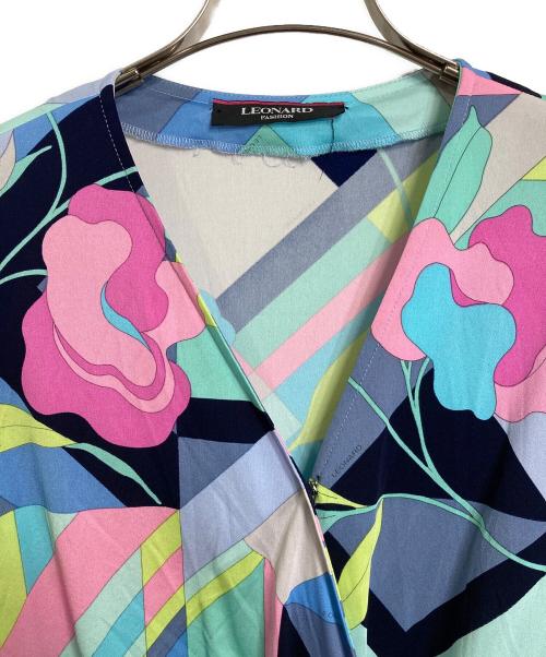 LEONARD FASHION（レオナールファッション）LEONARD FASHION (レオナールファッション) 総柄ミニワンピース　長袖ワンピース　日本製 スカイブルー サイズ:2の古着・服飾アイテム