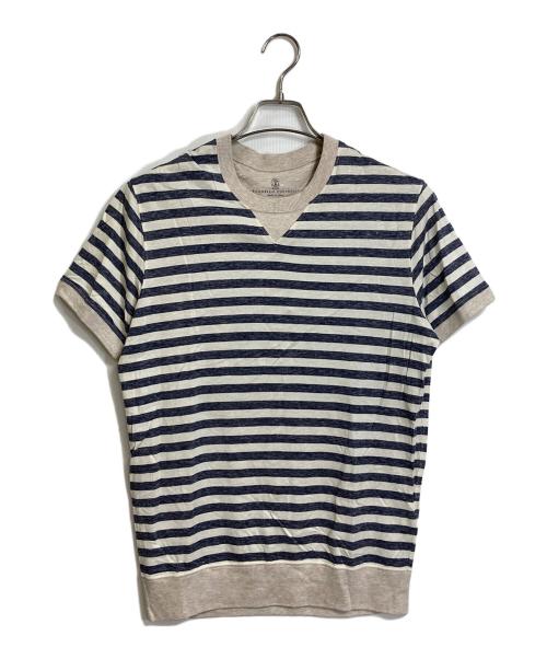 BRUNELLO CUCINELLI（ブルネロクチネリ）BRUNELLO CUCINELLI (ブルネロクチネリ) ボーダーTシャツ クルーネックTシャツ リネン混Tシャツ ホワイト×ブルー サイズ:XSの古着・服飾アイテム