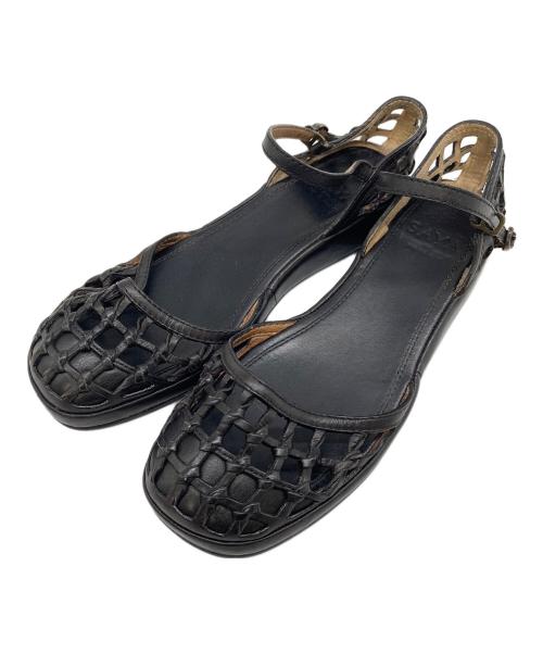 SAYA（サヤ）SAYA (サヤ) レザーメッシュ編み込みサンダル　フラットサンダル　ローヒール　日本製 ブラック サイズ:23 1/2の古着・服飾アイテム