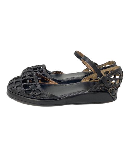 SAYA（サヤ）SAYA (サヤ) レザーメッシュ編み込みサンダル　フラットサンダル　ローヒール　日本製 ブラック サイズ:23 1/2の古着・服飾アイテム