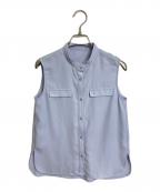 anuansアニュアンス）の古着「バックサテンバンドカラーノースリーブブラウス」｜ブルー