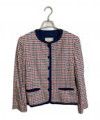 Burberry'sバーバリー）の古着「ノーカラーシルクジャケット」｜ホワイト×ネイビー×レッド