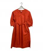 TOMORROW LANDトゥモローランド）の古着「ハイカウントサテン キーネックワンピース　長袖ワンピース　ロングワンピース　日本製」｜レッド