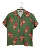 A'GEM/9エージェムナイン）の古着「和柄オープンカラーシャツ　半袖シャツ　総柄　虎」｜グリーン