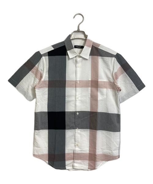 BLACK LABEL CRESTBRIDGE（ブラックレーベル クレストブリッジ）BLACK LABEL CRESTBRIDGE (ブラックレーベル クレストブリッジ) Black Label チェック半袖シャツ ラウンドカット ホワイト×グレー サイズ:Mの古着・服飾アイテム