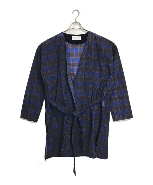 DIET BUTCHER SLIM SKIN（ダイエットブッチャースリムスキン）DIET BUTCHER SLIM SKIN (ダイエットブッチャースリムスキン) ダークチェックノーカラーガウン　ロングカーディガン　日本製 ブルー×ブラック サイズ:2の古着・服飾アイテム
