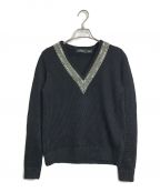 LAUREN RALPH LAURENローレンラルフローレン）の古着「コットンレーヨンビジユー付きVネックニット　長袖ニット」｜ブラック