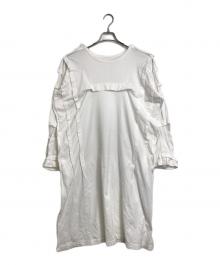 LIMI feu（リミフゥ）の古着「TUCK T DRESS カットソーワンピース　ロングワンピース　デザインワンピース　長袖ワンピース　日本製」｜ホワイト