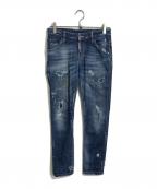 DSQUARED2ディースクエアード）の古着「ダメージペンキ加工デニムパンツ COOL GIRL JEAN　ボタンフライ　スキニー　レザーパッチ　ダメージジーンズ　デニムパンツ」｜ブルー