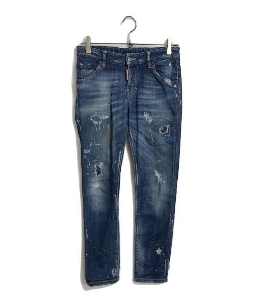 DSQUARED2（ディースクエアード）DSQUARED2 (ディースクエアード) ダメージペンキ加工デニムパンツ COOL GIRL JEAN　ボタンフライ　スキニー　レザーパッチ　ダメージジーンズ　デニムパンツ ブルー サイズ:34の古着・服飾アイテム