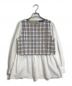BLUE LABEL CRESTBRIDGEブルーレーベルクレストブリッジ）の古着「切替ブラウス　長袖ブラウス　フレアブラウス　トップス」｜ベージュ×ホワイト