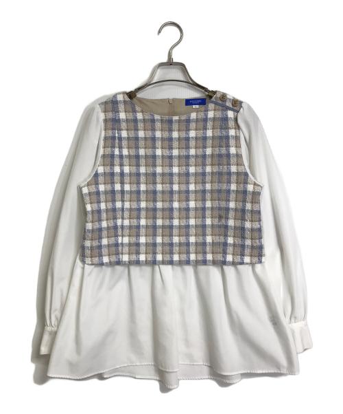 BLUE LABEL CRESTBRIDGE（ブルーレーベルクレストブリッジ）BLUE LABEL CRESTBRIDGE (ブルーレーベルクレストブリッジ) 切替ブラウス　長袖ブラウス　フレアブラウス　トップス ベージュ×ホワイト サイズ:36の古着・服飾アイテム