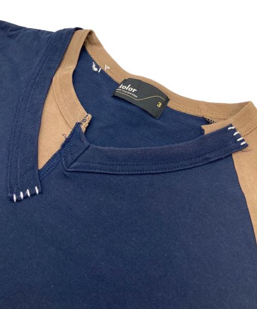 KOLOR（カラー）KOLOR (カラー) Asymmetric Border Tee ドッキングTシャツ 再構築Tシャツ ネイビー サイズ:3の古着・服飾アイテム