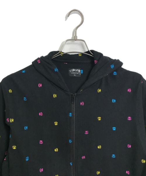 stussy（ステューシー）stussy (ステューシー) 【古着】ジップパーカー 半袖パーカー 総柄パーカー SSリンク ブラック×マルチカラー サイズ:Lの古着・服飾アイテム