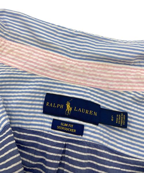 POLO RALPH LAUREN（ポロ・ラルフローレン）POLO RALPH LAUREN (ポロ・ラルフローレン) シアサッカー半袖シャツ　SEER SUCKER　ポニー刺繍　チェック　ストライプ ピンク×ブルー サイズ:Lの古着・服飾アイテム
