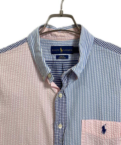 POLO RALPH LAUREN（ポロ・ラルフローレン）POLO RALPH LAUREN (ポロ・ラルフローレン) シアサッカー半袖シャツ　SEER SUCKER　ポニー刺繍　チェック　ストライプ ピンク×ブルー サイズ:Lの古着・服飾アイテム