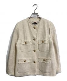 allureville（アルアバイル）の古着「スラブツイードクルーショートコート ノーカラーツイードジャケット　アウター　ライトアウター　オフィスカジュアル　セレモニー　日本製」｜アイボリー